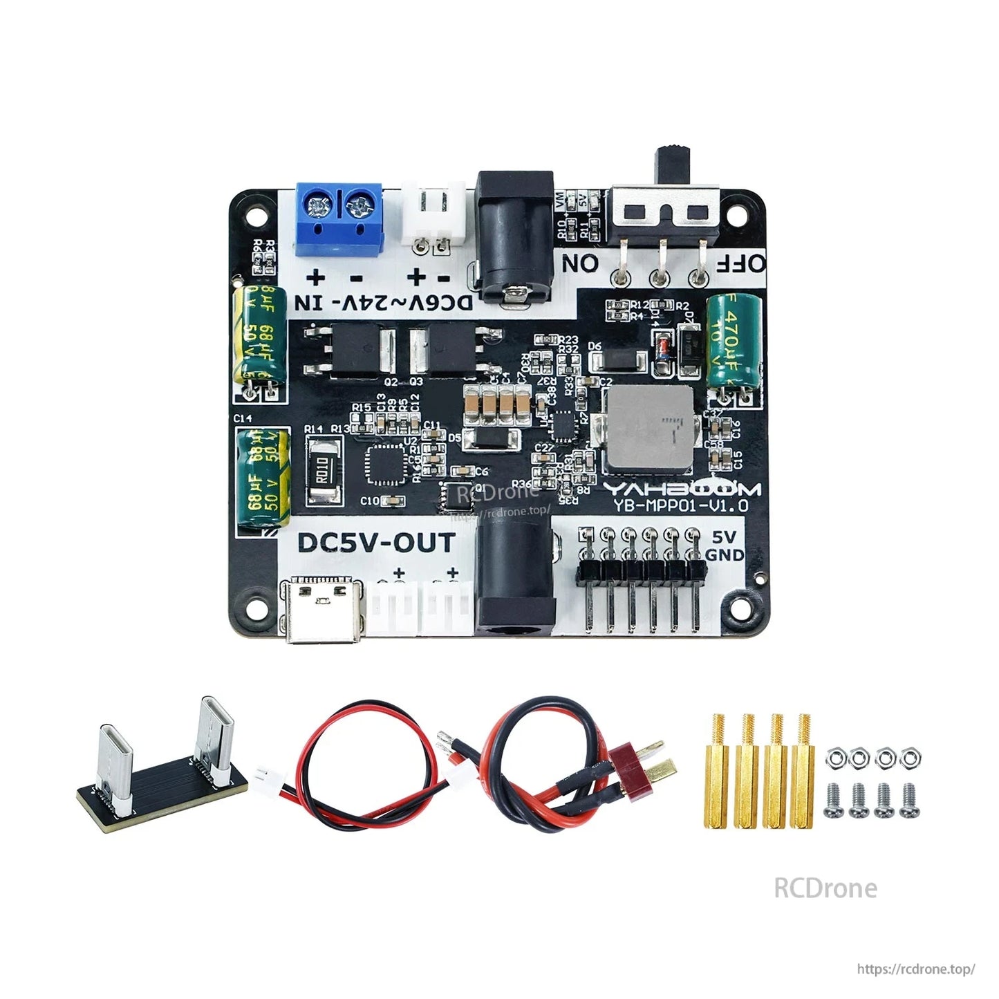 Power supply expansion board kit with metal stand, JST cable, XT-style power lead, standoffs and screws