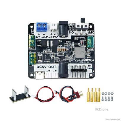 Power supply expansion board kit with metal stand, JST cable, XT-style power lead, standoffs and screws