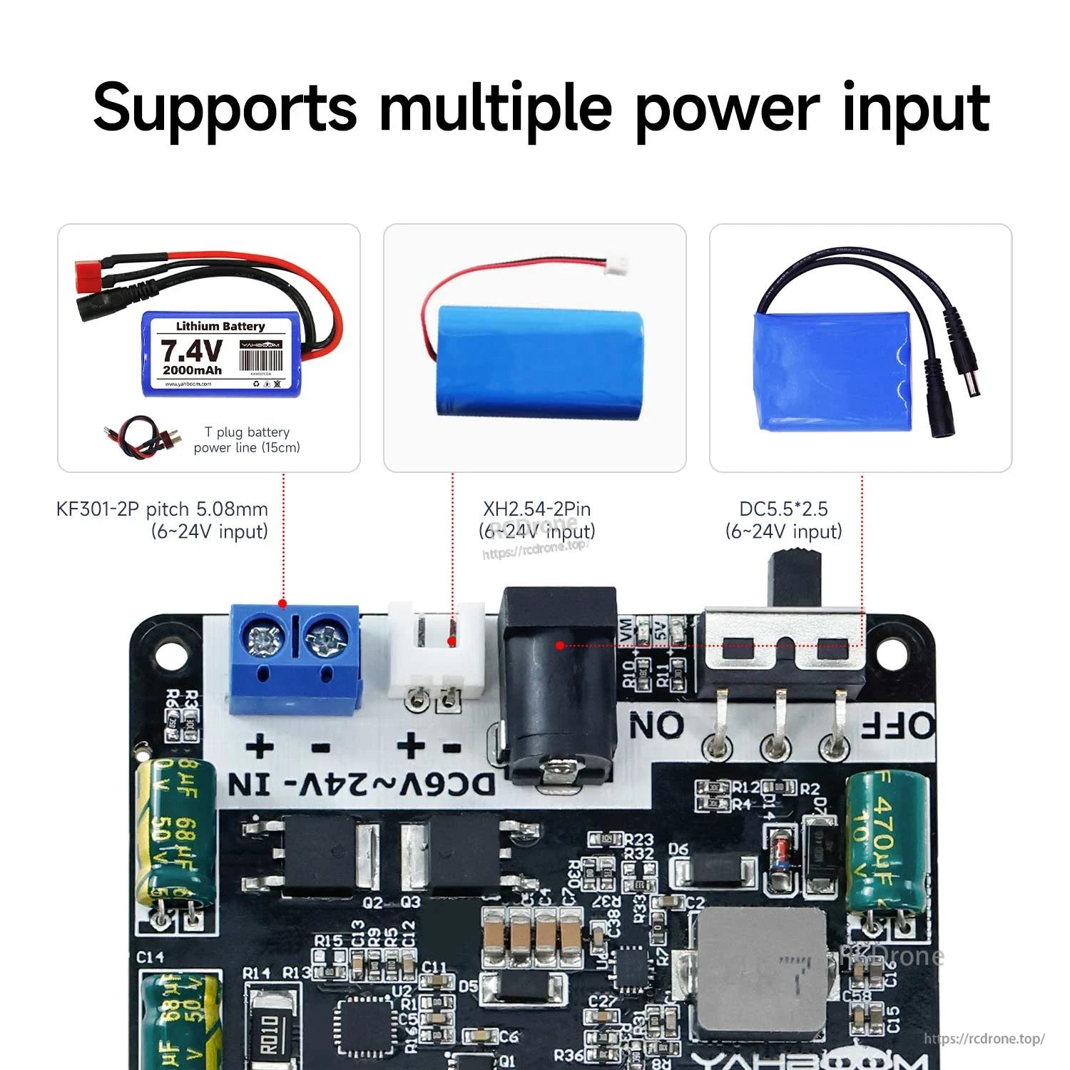 Power input options graphic for the board, showing terminal block, XH2.54 2‑pin and DC 5.5x2.5 inputs