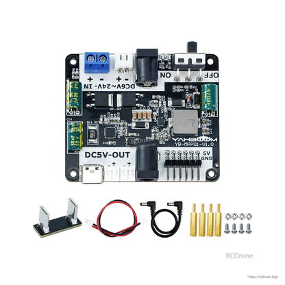 Kit contents with metal stand, JST cable, DC barrel cable, brass standoffs and mounting screws