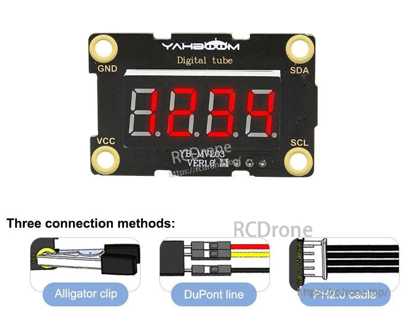 TM1650 I2C 4-digit digital tube module display lit, showing alligator clip, DuPont, and PH2.0 connection options