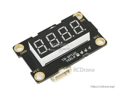 Oblique view highlighting 0.36in 4-digit tube window and bottom PH2.0 socket on the PCB