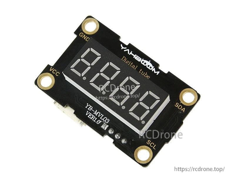 Angled view of Yahboom digital tube display board with mounting holes and printed pin labels around edges