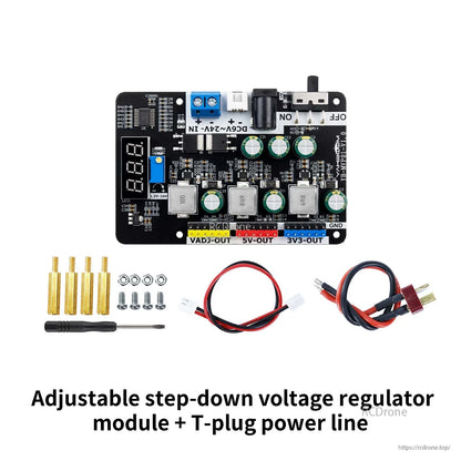 Kit with T-plug power lead: step-down regulator module plus standoffs, screws, screwdriver, and power cables