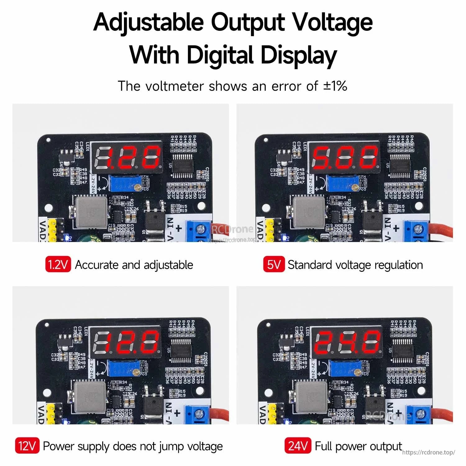 Digital voltmeter display examples showing adjustable output readings (1.20V, 5.00V, 12.0V, 24.0V)