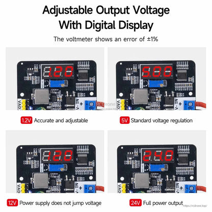 Digital voltmeter display examples showing adjustable output readings (1.20V, 5.00V, 12.0V, 24.0V)