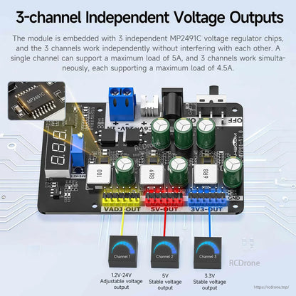 3-channel independent voltage outputs graphic: adjustable 1.2–24V plus regulated 5V and 3.3V channels