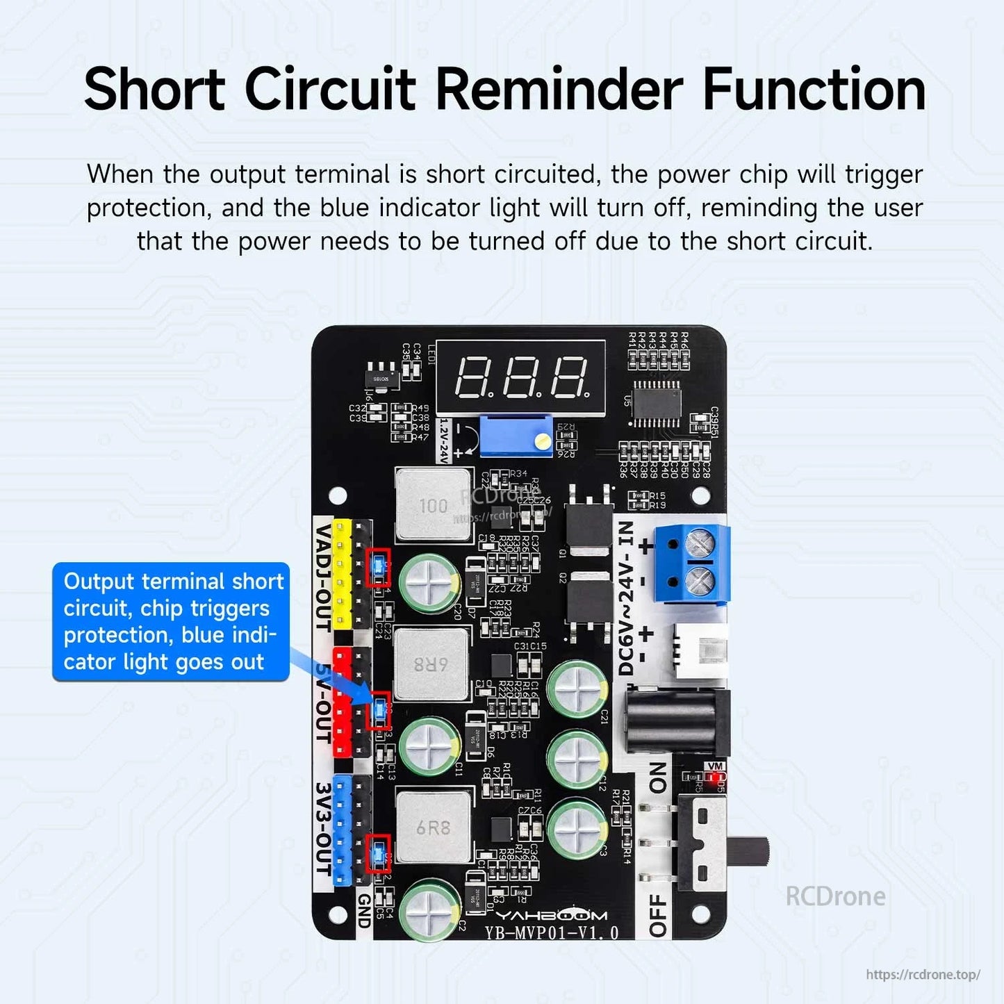 Short-circuit reminder function diagram showing indicator behavior when output terminals are shorted