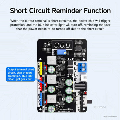 Short-circuit reminder function diagram showing indicator behavior when output terminals are shorted