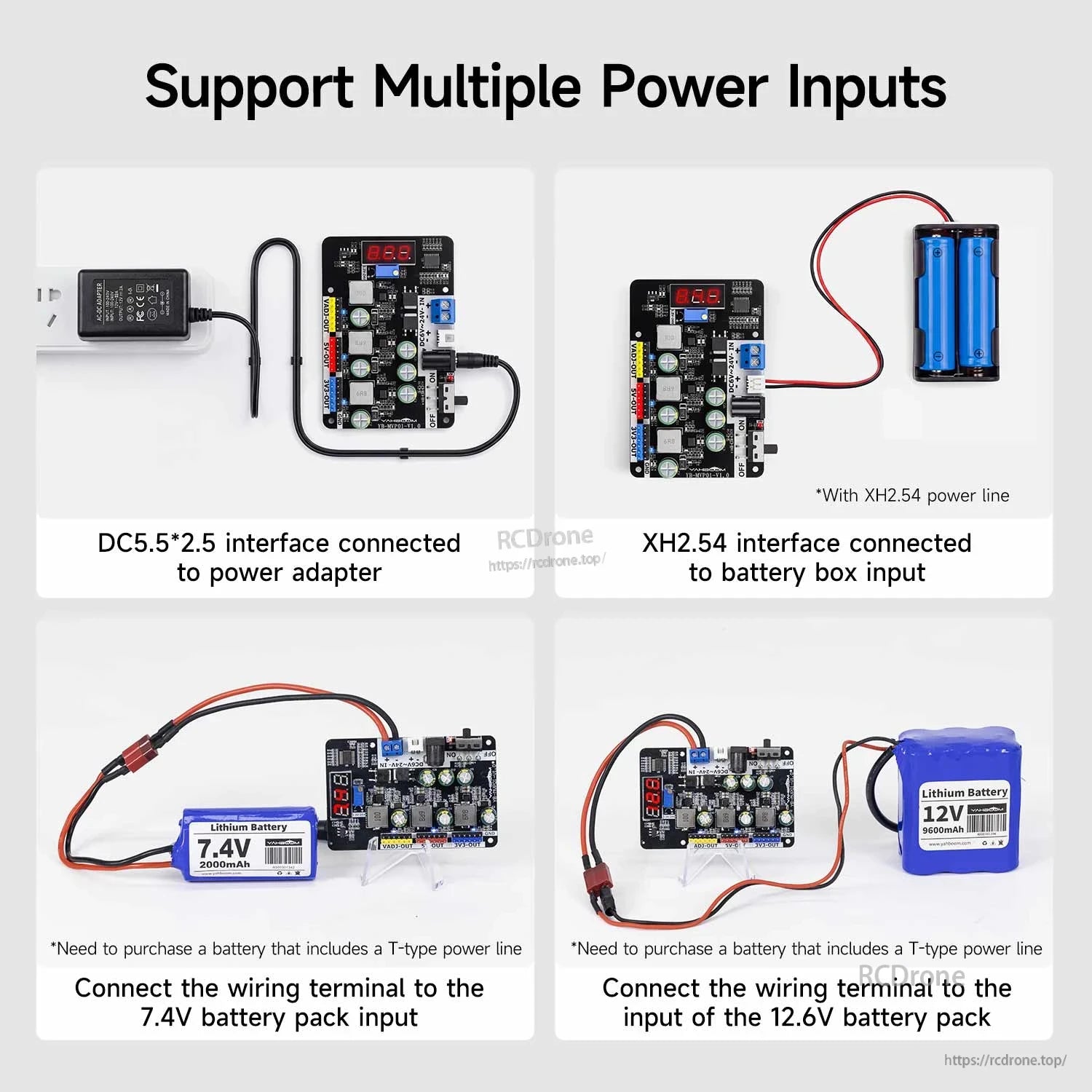 Power input options diagram: DC 5.5x2.5 adapter, XH2.54 battery box, and battery pack wiring terminal