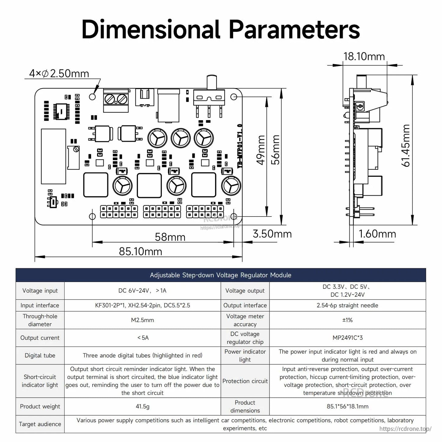 Dimensional drawing and parameter table for the module, showing board measurements and connector details