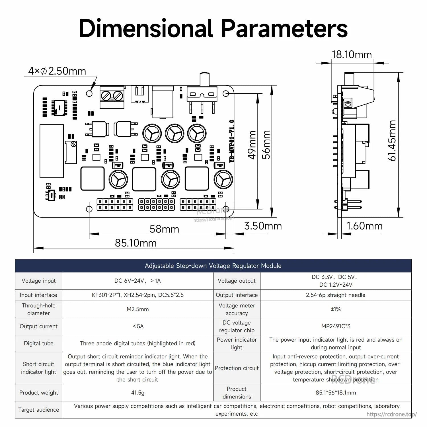 Dimensional drawing and parameter table for the module, showing board measurements and connector details