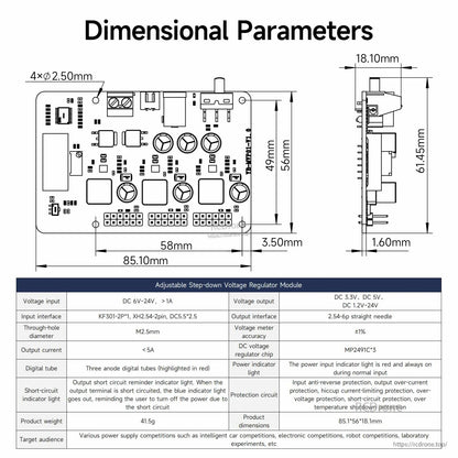 Dimensional drawing and parameter table for the module, showing board measurements and connector details
