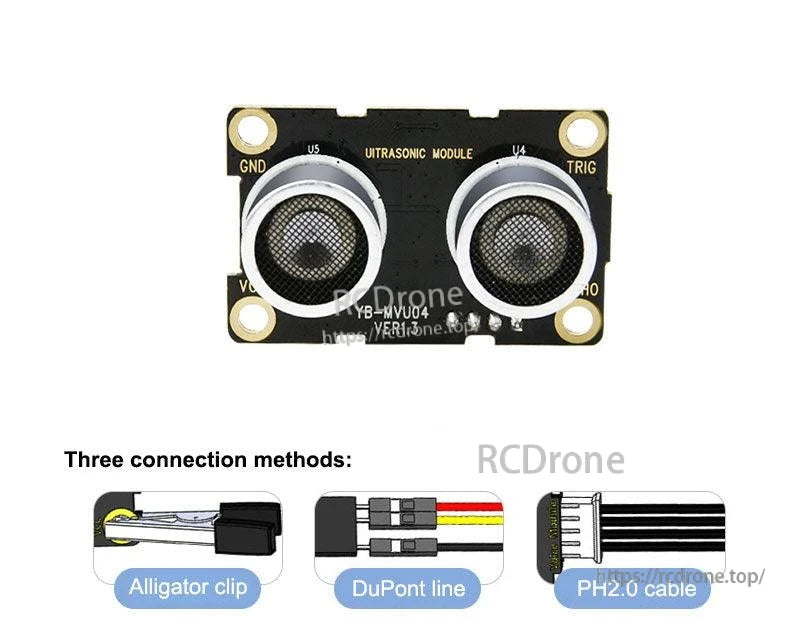 Yahboom YB-MVU04 ultrasonic sensor with connection options shown: alligator clip, DuPont line, PH2.0 cable