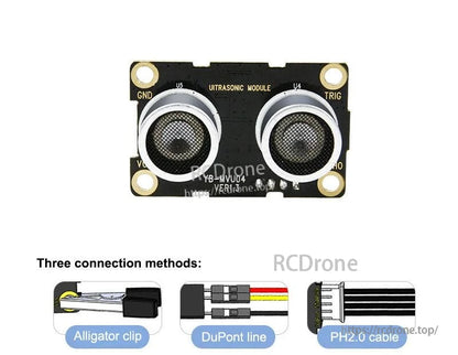 Yahboom YB-MVU04 ultrasonic sensor with connection options shown: alligator clip, DuPont line, PH2.0 cable