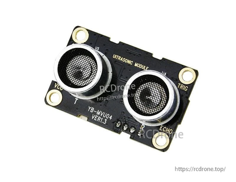 Angled view of YB-MVU04 ultrasonic module showing dual sensor cans and mounting holes