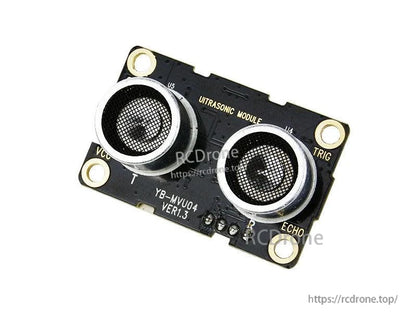 Angled view of YB-MVU04 ultrasonic module showing dual sensor cans and mounting holes