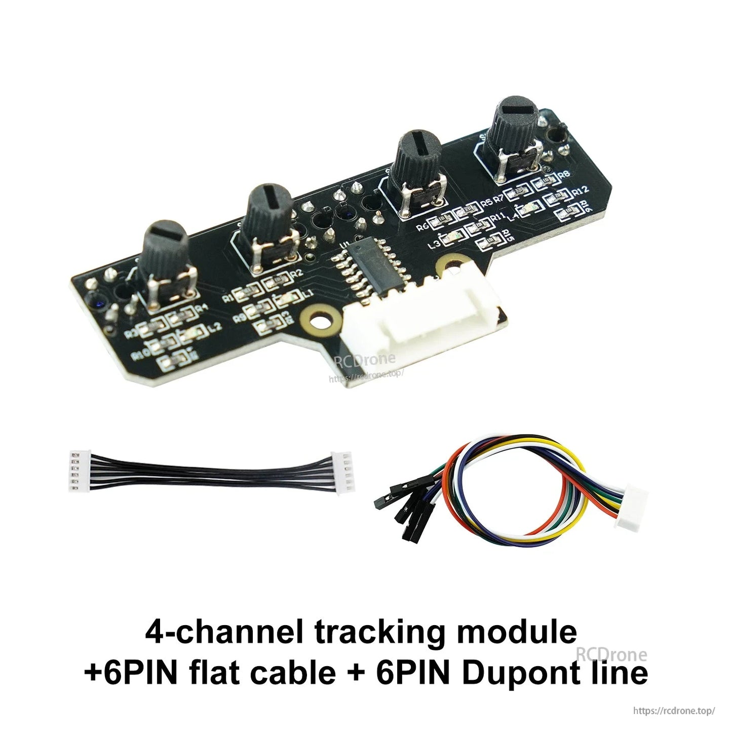 4-channel tracking module kit with included 6-pin flat cable and 6-pin Dupont jumper wire harness