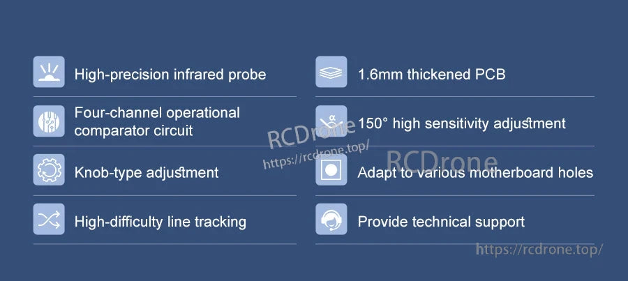 Key features list for the 4-channel infrared tracking module: comparator circuit, 1.6mm PCB, knob sensitivity