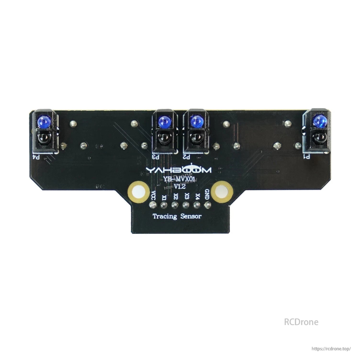 Yahboom YB-MVX01 V1.2 tracing sensor board front view showing four IR sensor heads and mounting holes