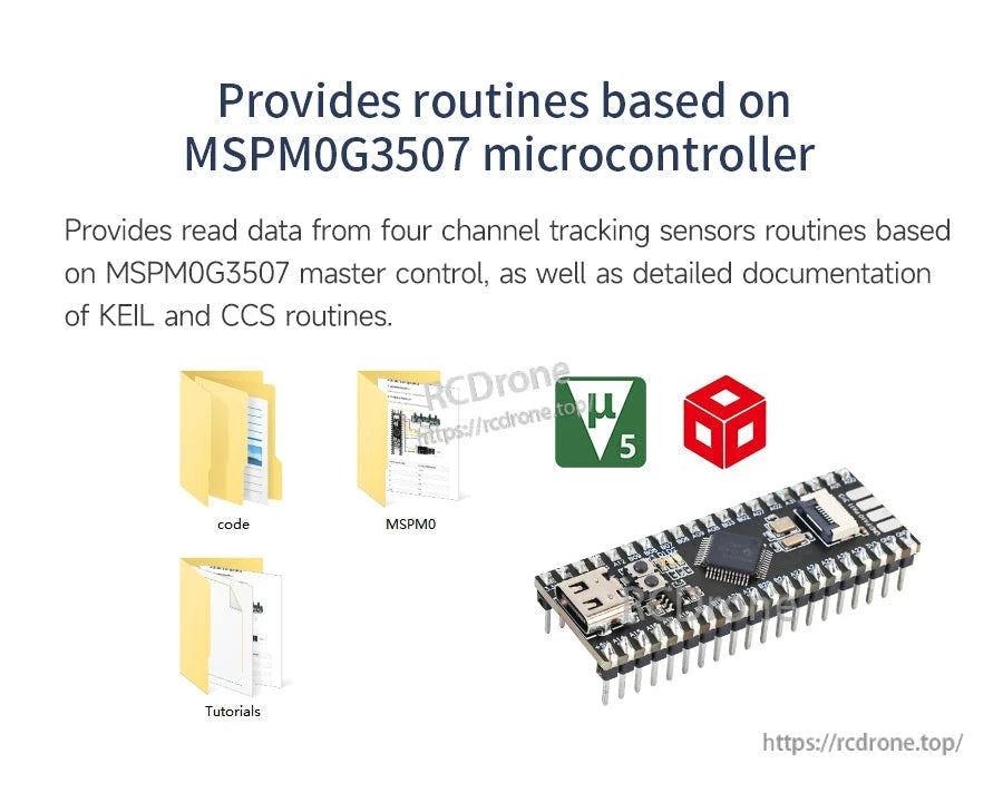 Graphic about MSPM0G3507 microcontroller routines with code and tutorials icons plus a small development board