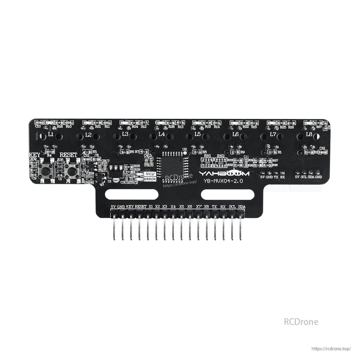 Bottom/PCB side view of Yahboom YB-MX04-2.0 showing components, KEY/RESET buttons, and pin headers