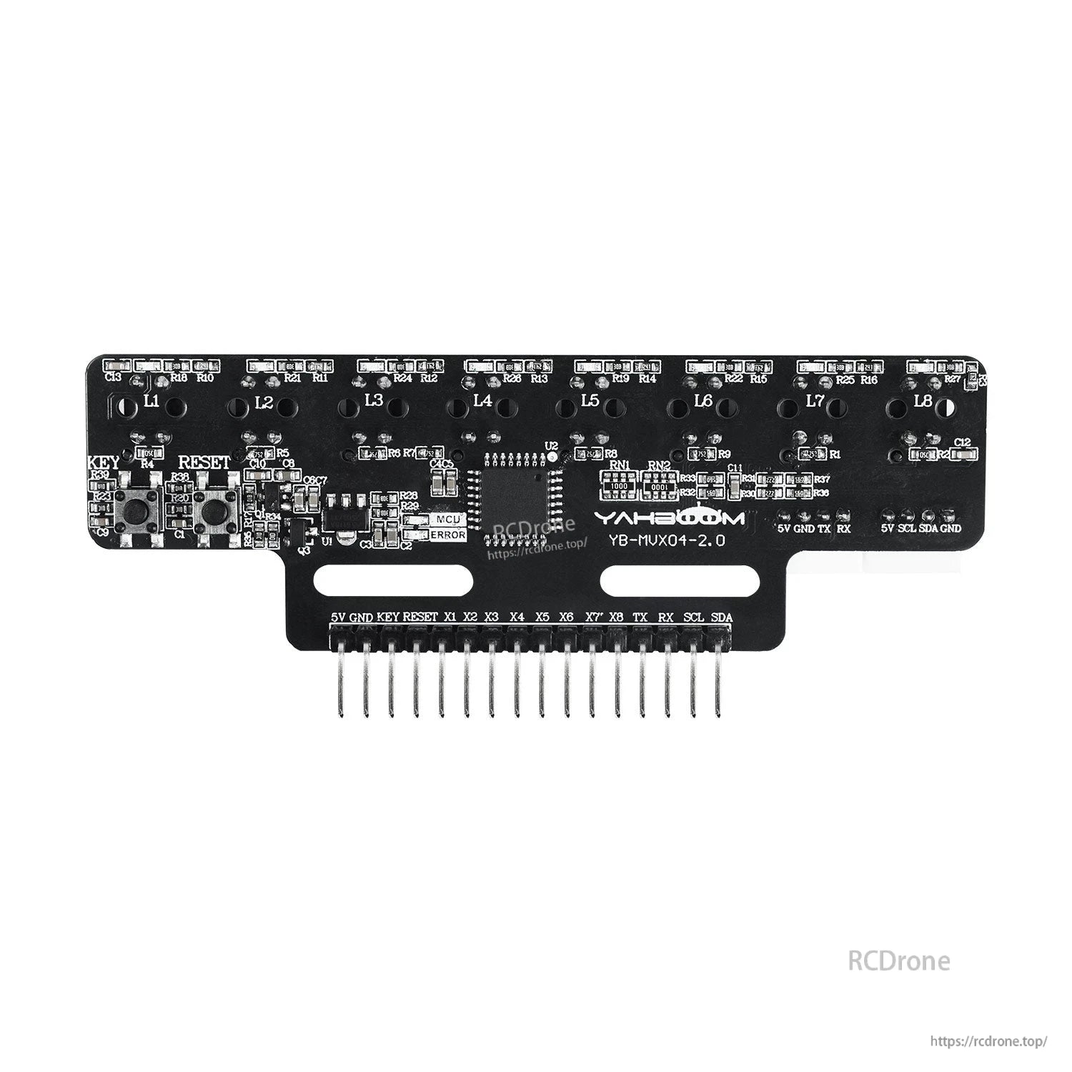 Bottom/PCB side view of Yahboom YB-MX04-2.0 showing components, KEY/RESET buttons, and pin headers
