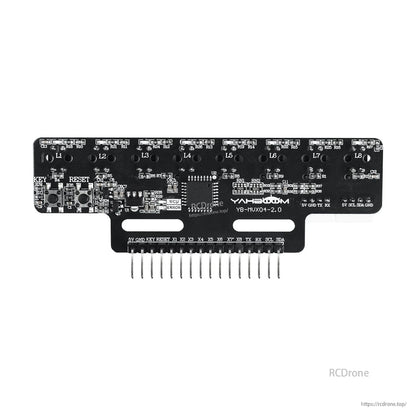 Bottom/PCB side view of Yahboom YB-MX04-2.0 showing components, KEY/RESET buttons, and pin headers