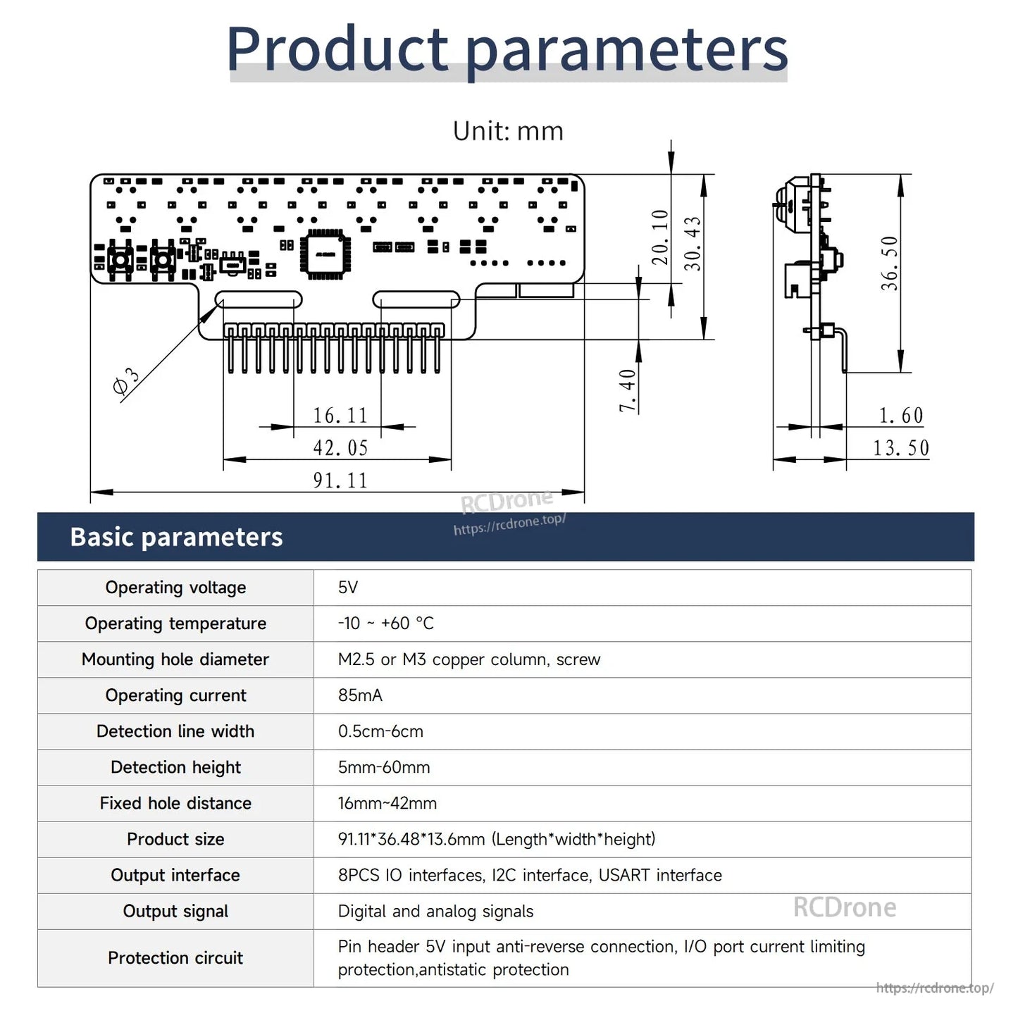 YB-MX04-2.0 product parameters and dimensions drawing with table of voltage, current, and detection range
