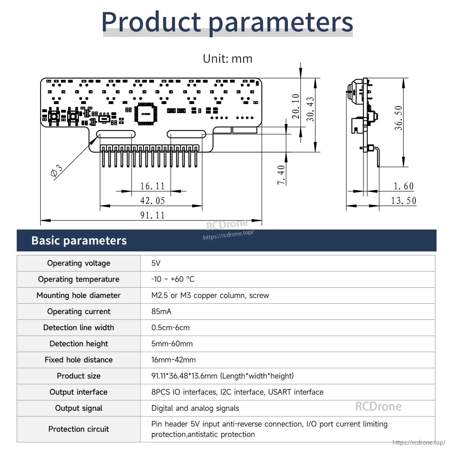 YB-MX04-2.0 product parameters and dimensions drawing with table of voltage, current, and detection range