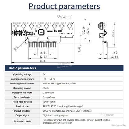 YB-MX04-2.0 product parameters and dimensions drawing with table of voltage, current, and detection range