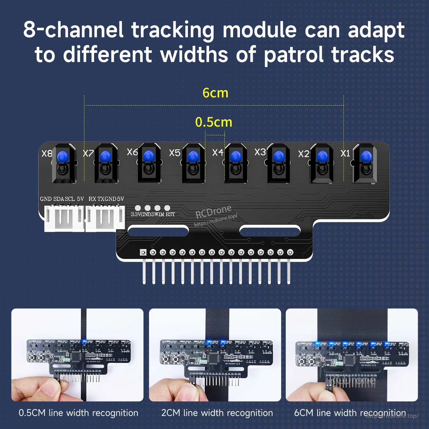 8-channel tracking module line-width recognition graphic showing 0.5 cm, 2 cm, and 6 cm track widths
