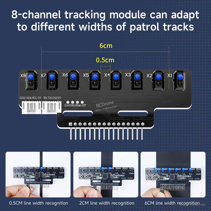 8-channel tracking module line-width recognition graphic showing 0.5 cm, 2 cm, and 6 cm track widths