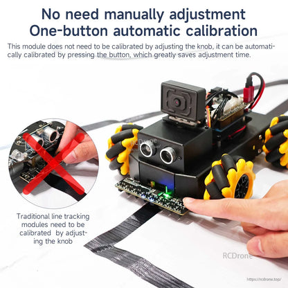 One-button automatic calibration shown on robot car with tracking module; no manual knob adjustment needed