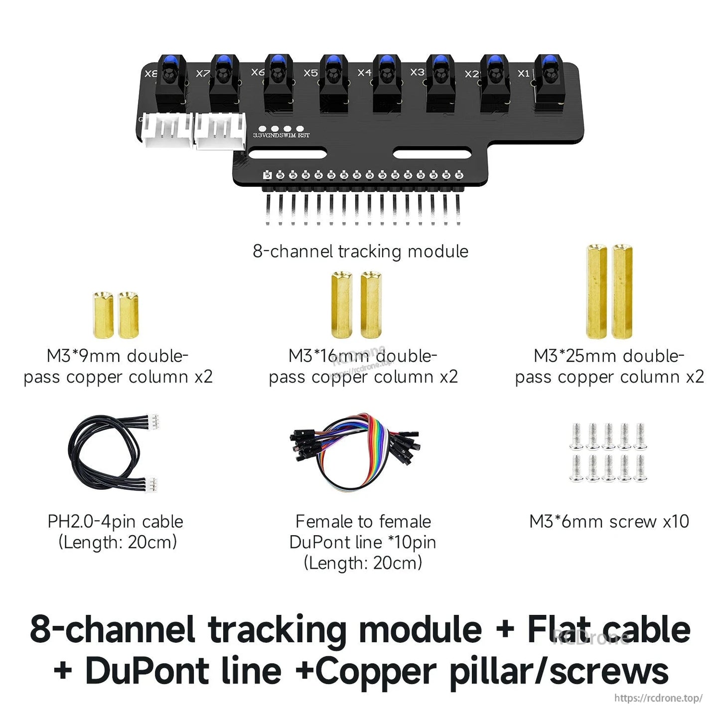 Full kit contents with standoffs and screws: tracking module, cables, copper columns (3 sizes), M3 screws