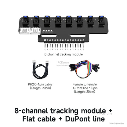 Package contents: 8-channel tracking module with PH2.0 4-pin cable and 10-pin female Dupont wires