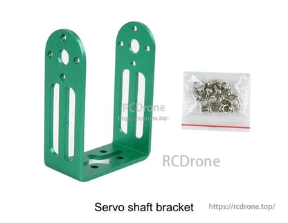 Green servo shaft bracket (L-shaped) with mounting holes and included screw set