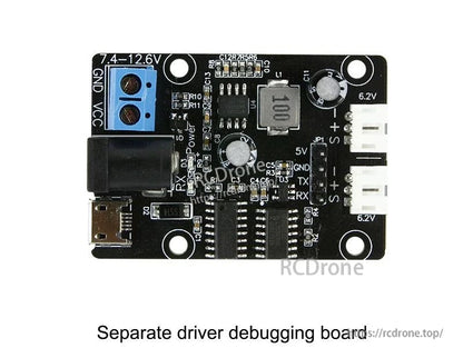 Driver debugging board close-up with USB port, power terminals, and 7.4–12.6V labeling