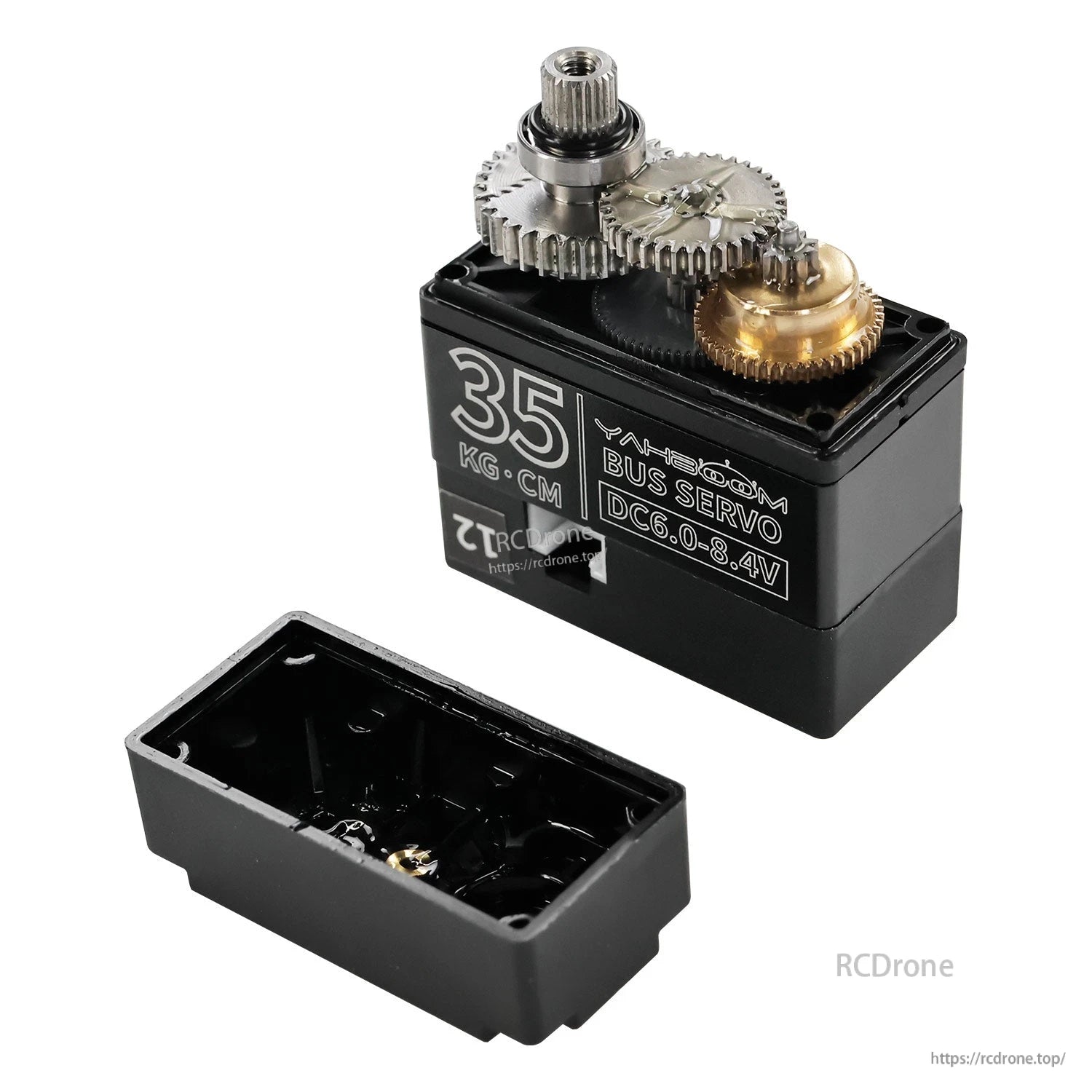 Internal gear train view of 35KG·CM bus servo with case cover removed, metal gears exposed