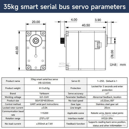 YB-SD35M 35kg serial bus servo dimensions and parameter table diagram (mm)