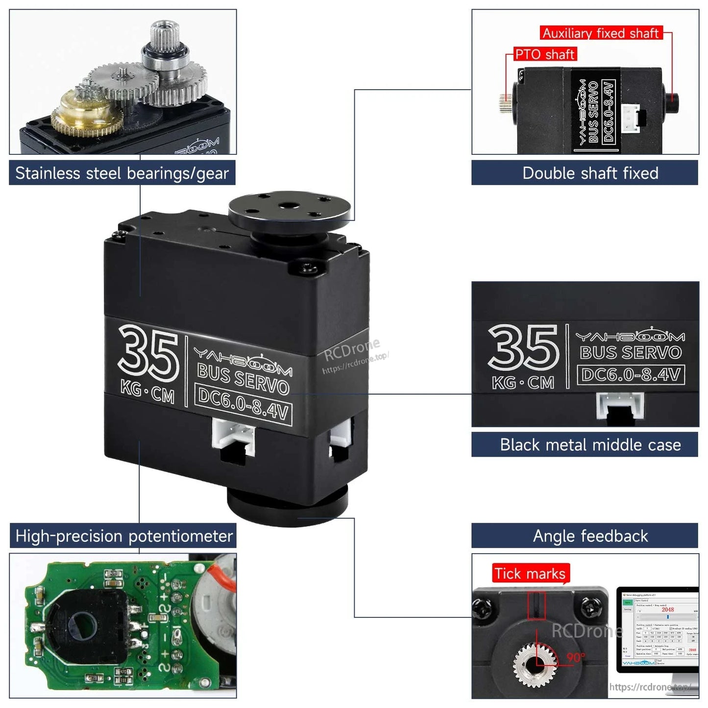 YB-SD35M servo feature callouts: metal case, double shaft, steel gears, potentiometer, angle marks