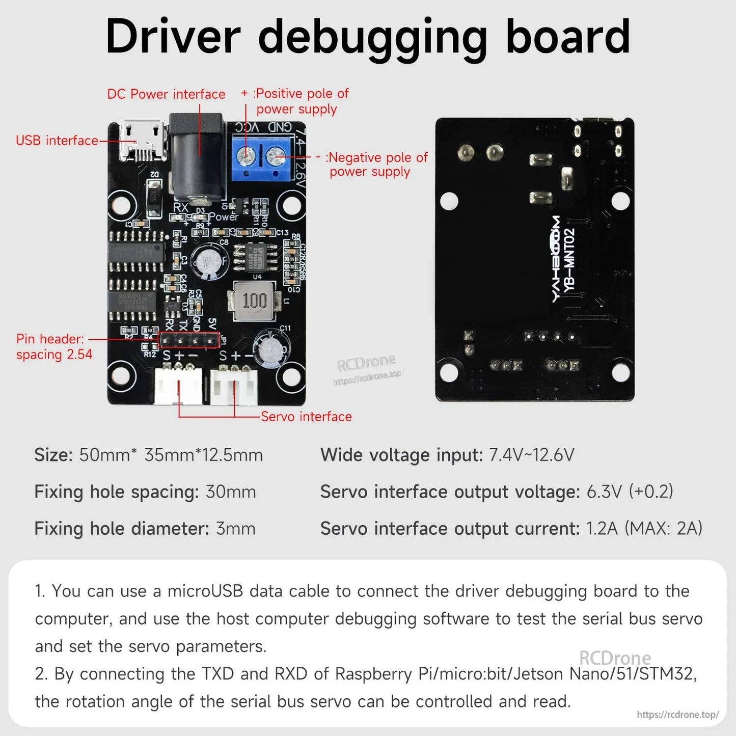 Servo driver debugging board front and back with labeled USB, DC power, and servo interfaces