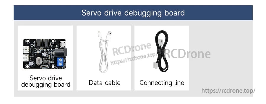 Package contents for servo driver debugging board kit: debugging board, data cable, and connecting line