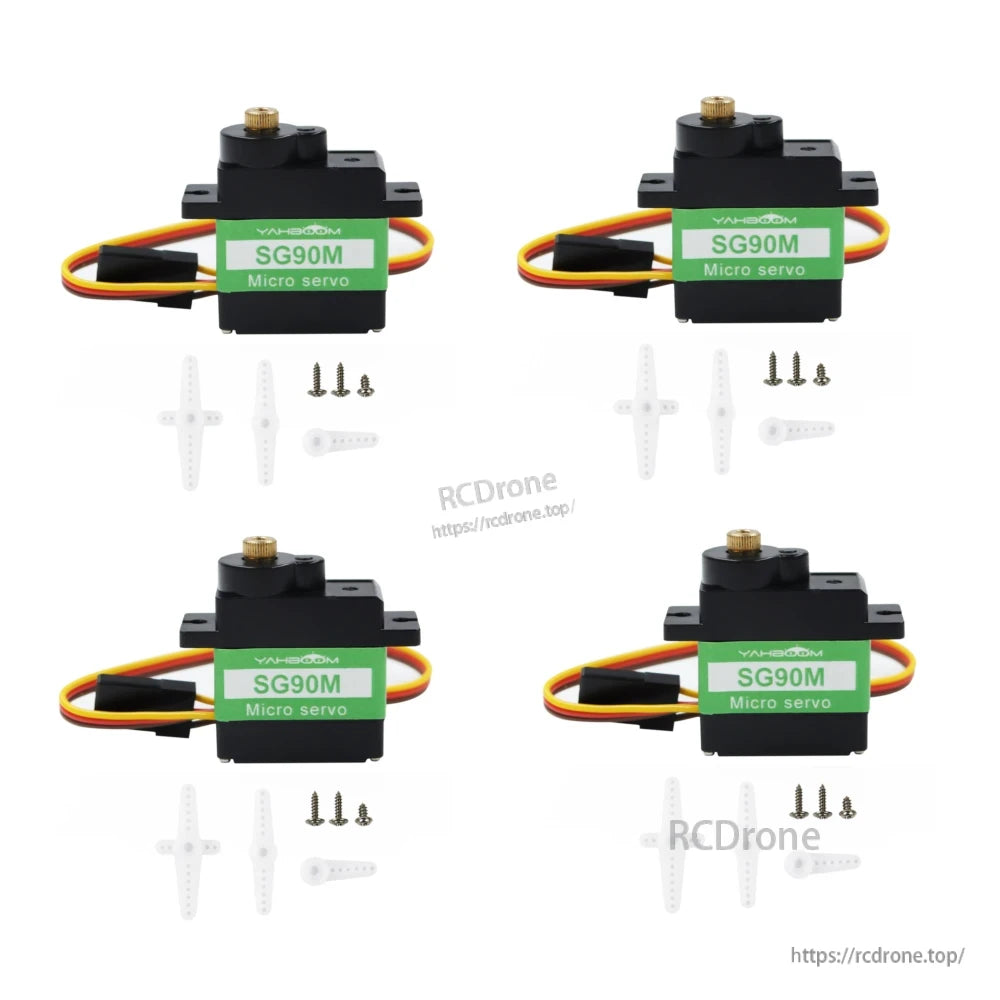 Four Yahboom SG90M micro servos with horn sets and mounting screws (4-pack layout)