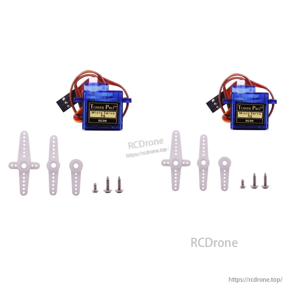Two Tower Pro SG90 9g micro servos with horn sets and mounting screws (2-pack layout)