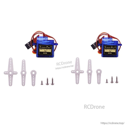 Two Tower Pro SG90 9g micro servos with horn sets and mounting screws (2-pack layout)
