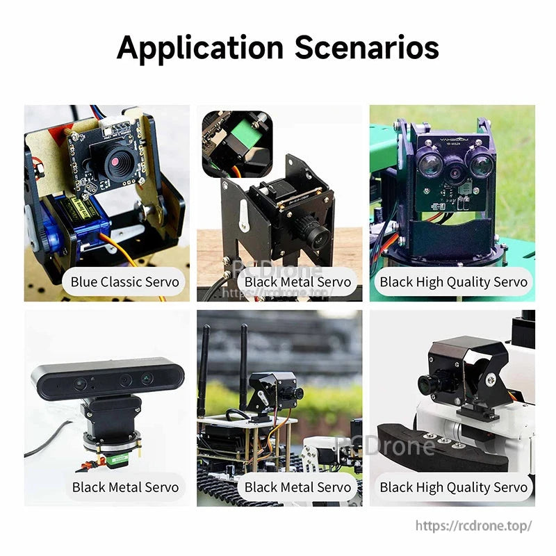 Application scenarios collage showing micro servos installed in robotics, camera gimbals, and small mechanism projects