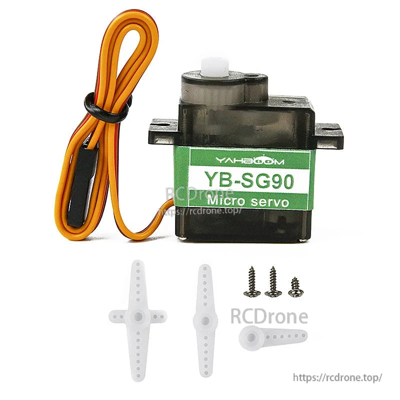 Yahboom YB-SG90 micro servo with 3-wire lead plus horn set and mounting screws (kit contents on white background)
