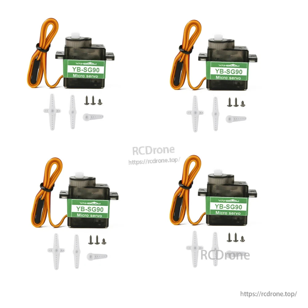 Four Yahboom YB-SG90 micro servos with horn sets and mounting screws (4-pack layout)