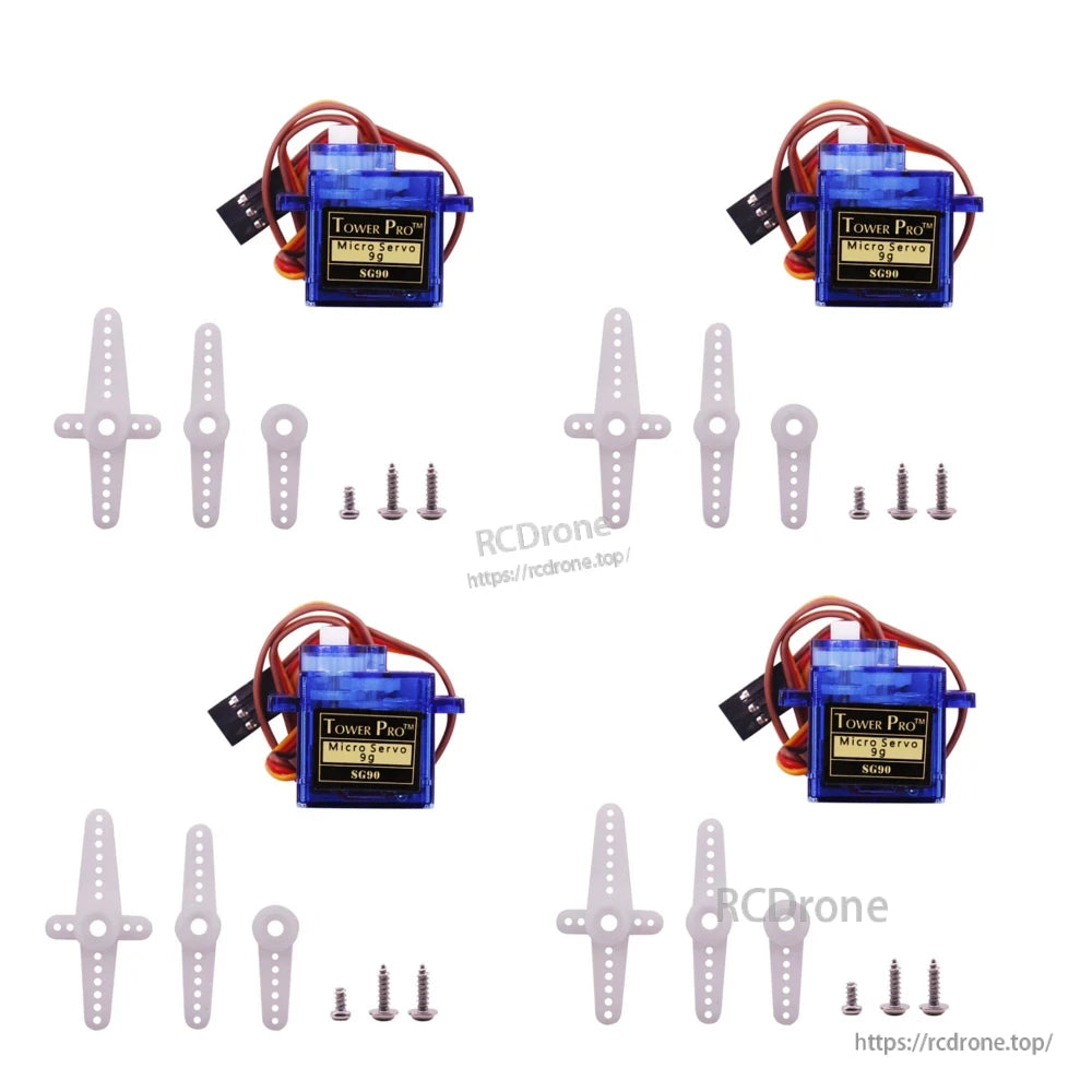 Four Tower Pro SG90 9g micro servos with horn sets and mounting screws (4-pack layout)